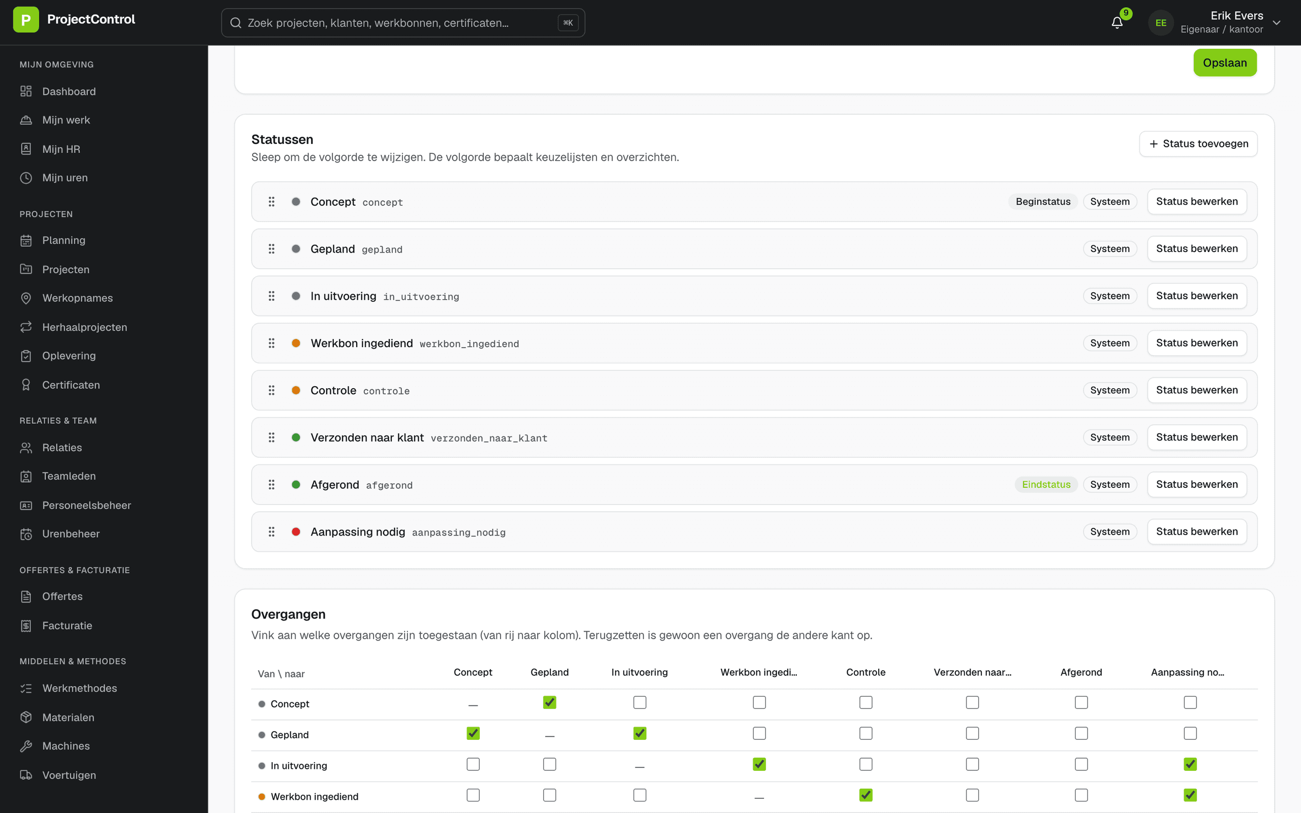 Inrichtingsscherm van de projectworkflow met de statussen die het bedrijf zelf beheert, elk met eigen naam en kleur