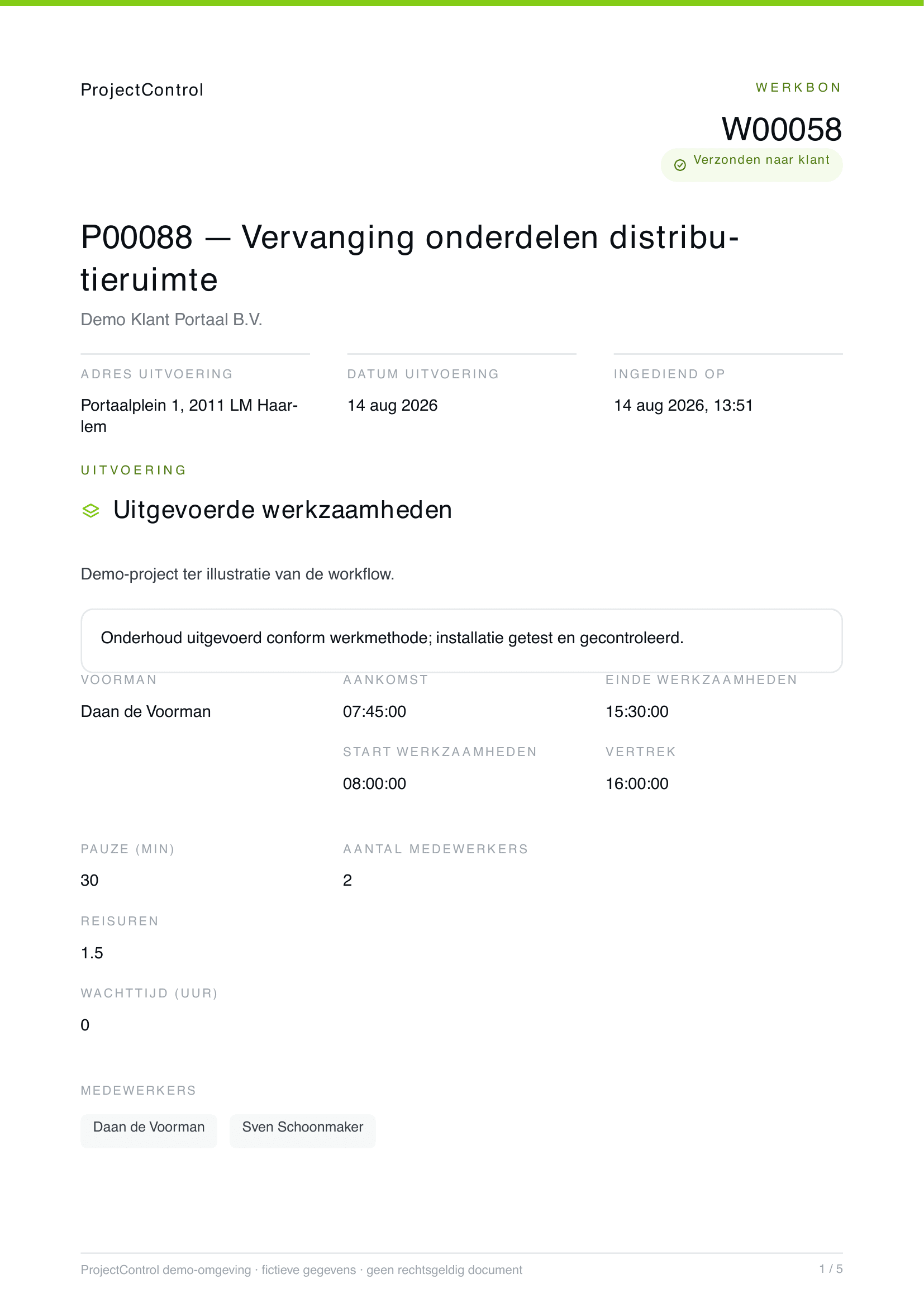 Werkbon W00017 als PDF, met projectnummer P00031, de klus, de opdrachtgever, het adres van uitvoering, de melding dat de bon naar de klant is verzonden, en daaronder de uitgevoerde werkzaamheden met de tijden en de ingezette medewerkers
