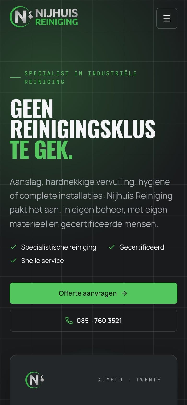 Nieuwe homepage van Nijhuis Reiniging op een telefoon: kop, uitleg, vinkjes en de knoppen Offerte aanvragen en bellen in het eerste scherm.