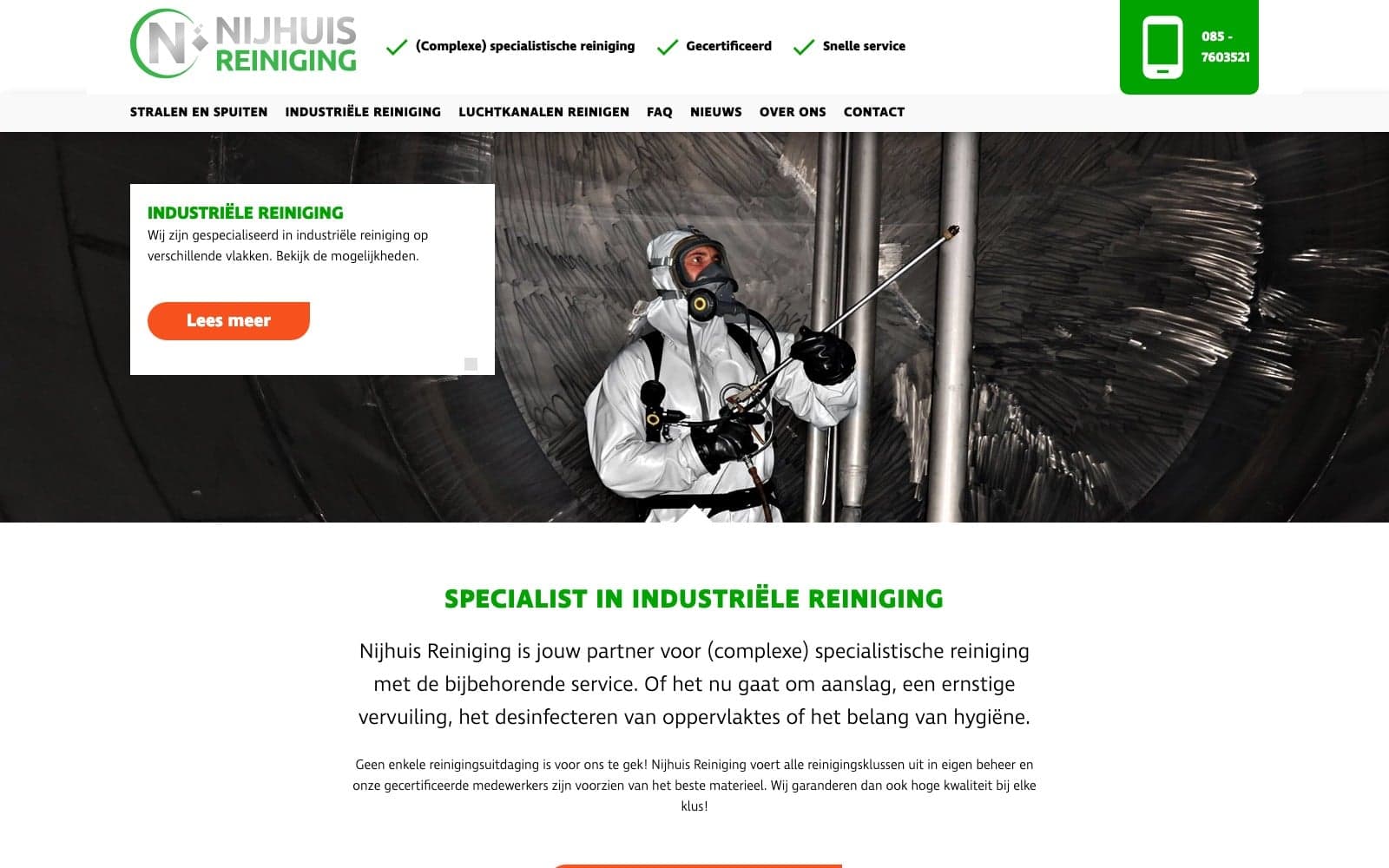 Oude homepage van Nijhuis Reiniging op desktop: een slider met een knop Lees meer en een menu in hoofdletters.